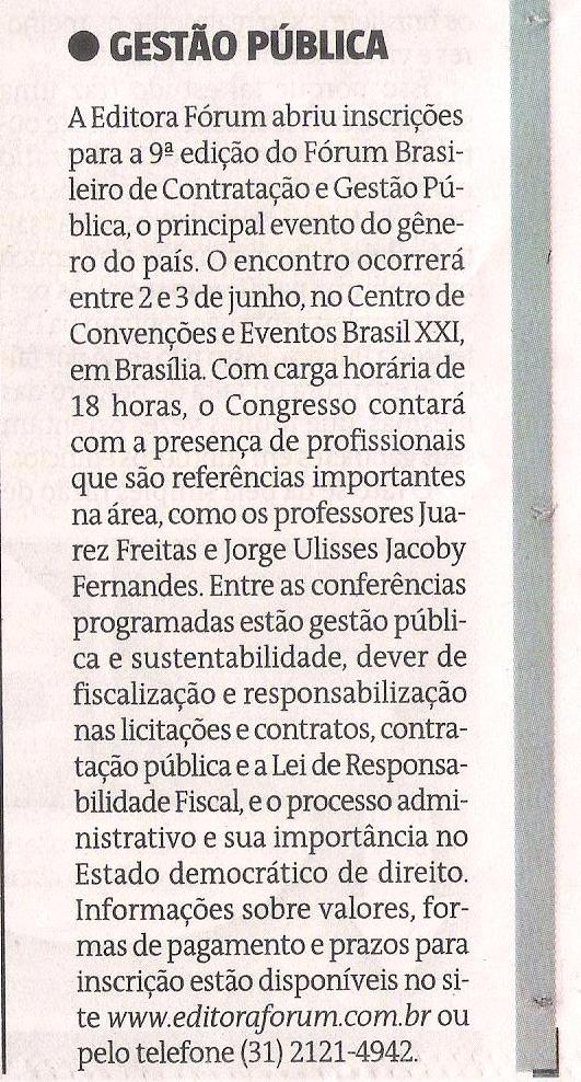 Caderno Direito & Justiça, do Jornal Estado de Minas, publica nota sobre o IX Fórum Bras. de Contratação e Gestão Pública