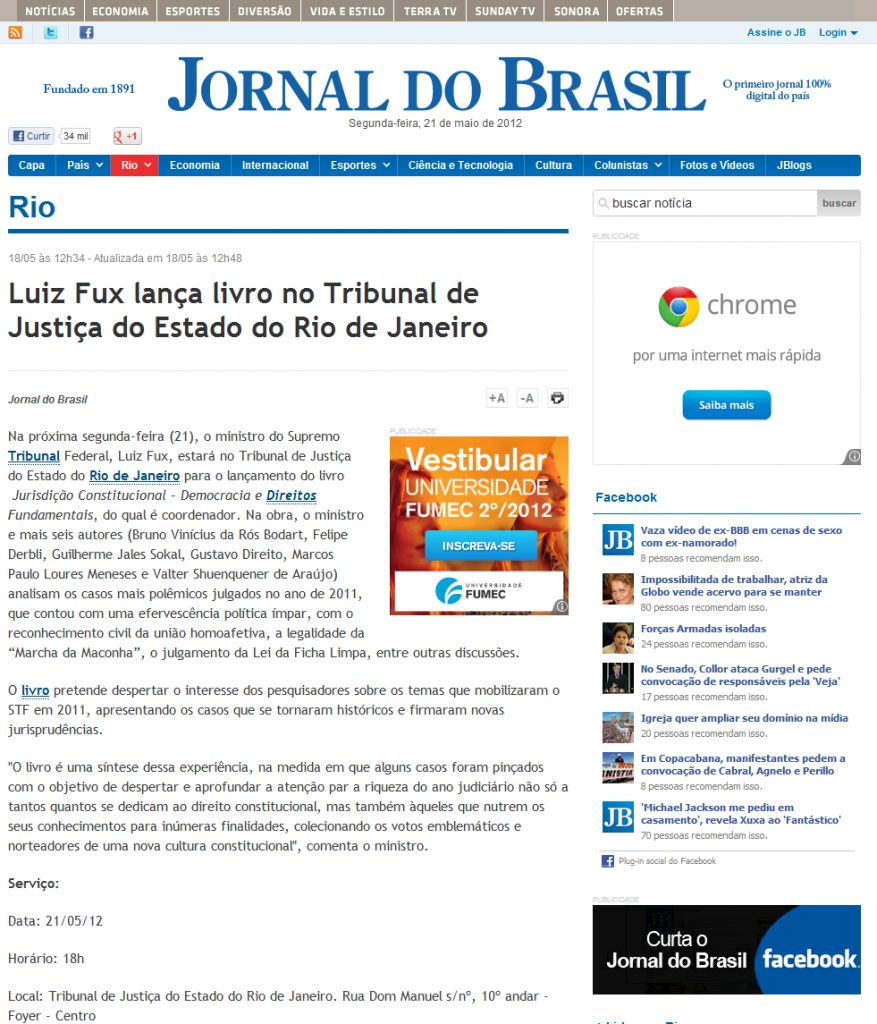Clipping: Lançamento de obra do Ministro Luiz Fux nos jornais do Rio